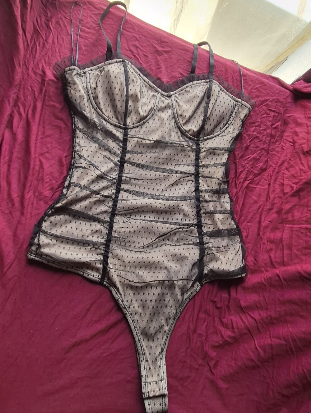Rabbit Rose Coquette Black Dot Mesh Bodysuit Size LARGE